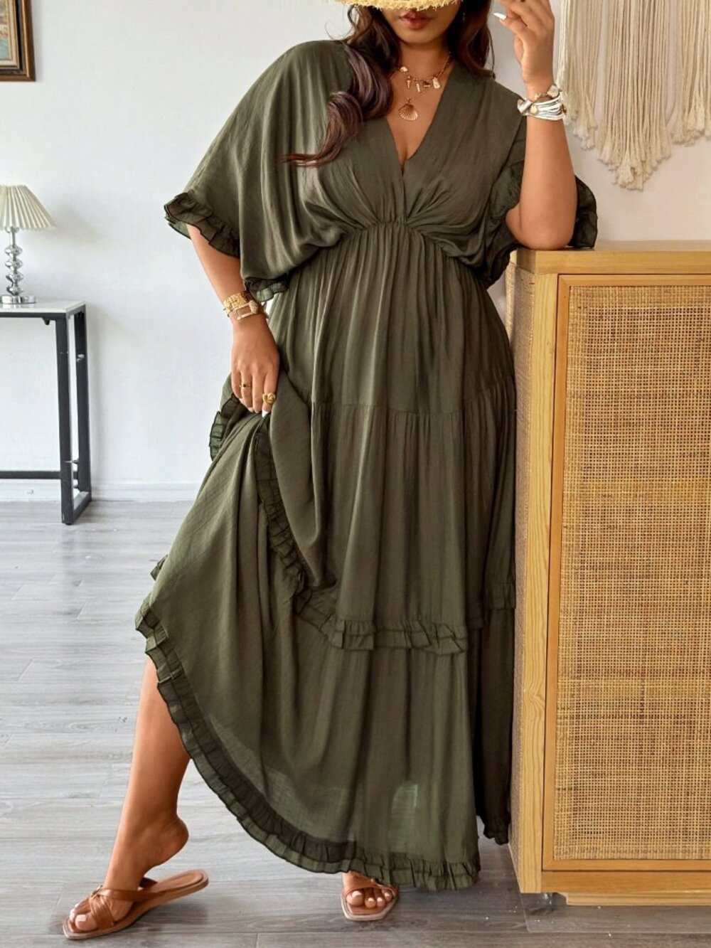 Army Green Casual Women's Plus Size Boho Ruffle V-Neck Maxi Dress